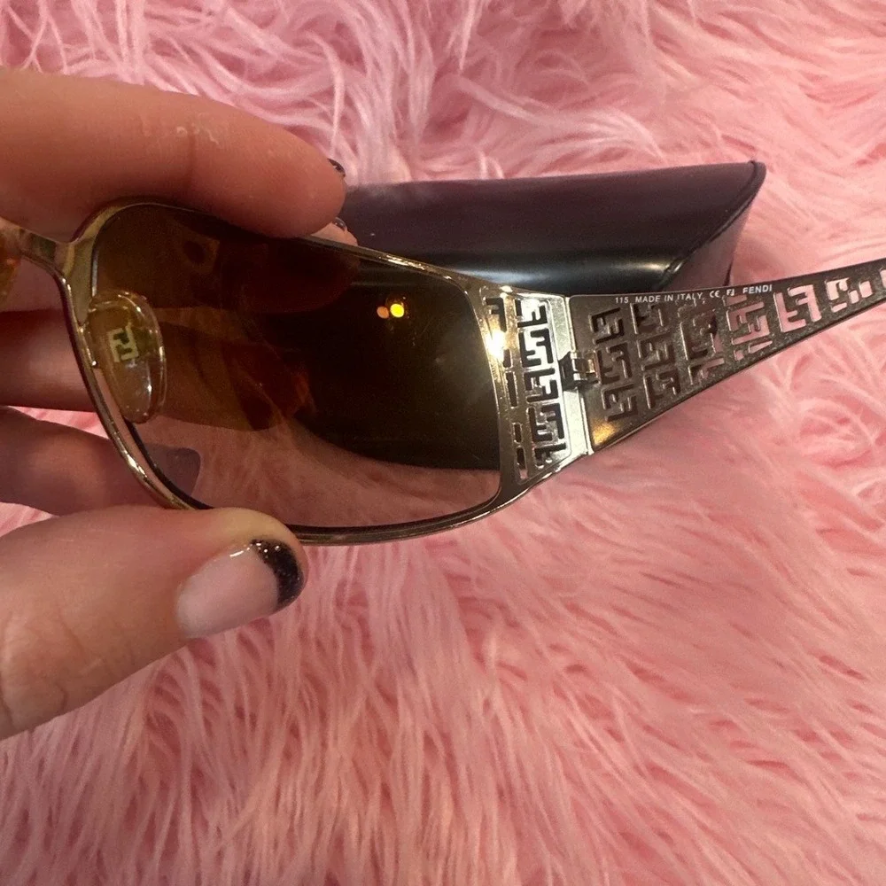 Y2K‎ Vintage Fendi Sunglasses Gold Zucca Monogram Brown Gradient Lens Italy Case